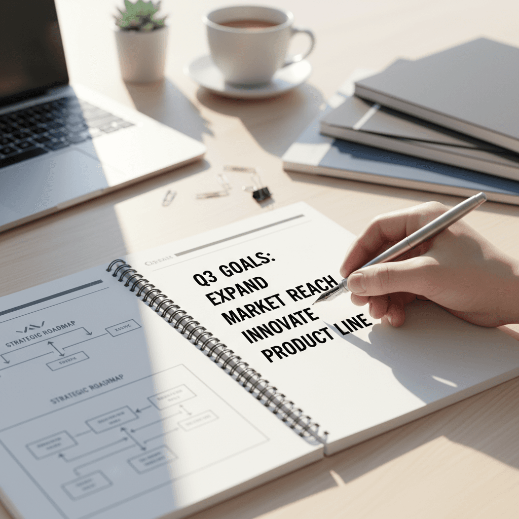 Business owner writing notes while reviewing a strategic roadmap document at their desk