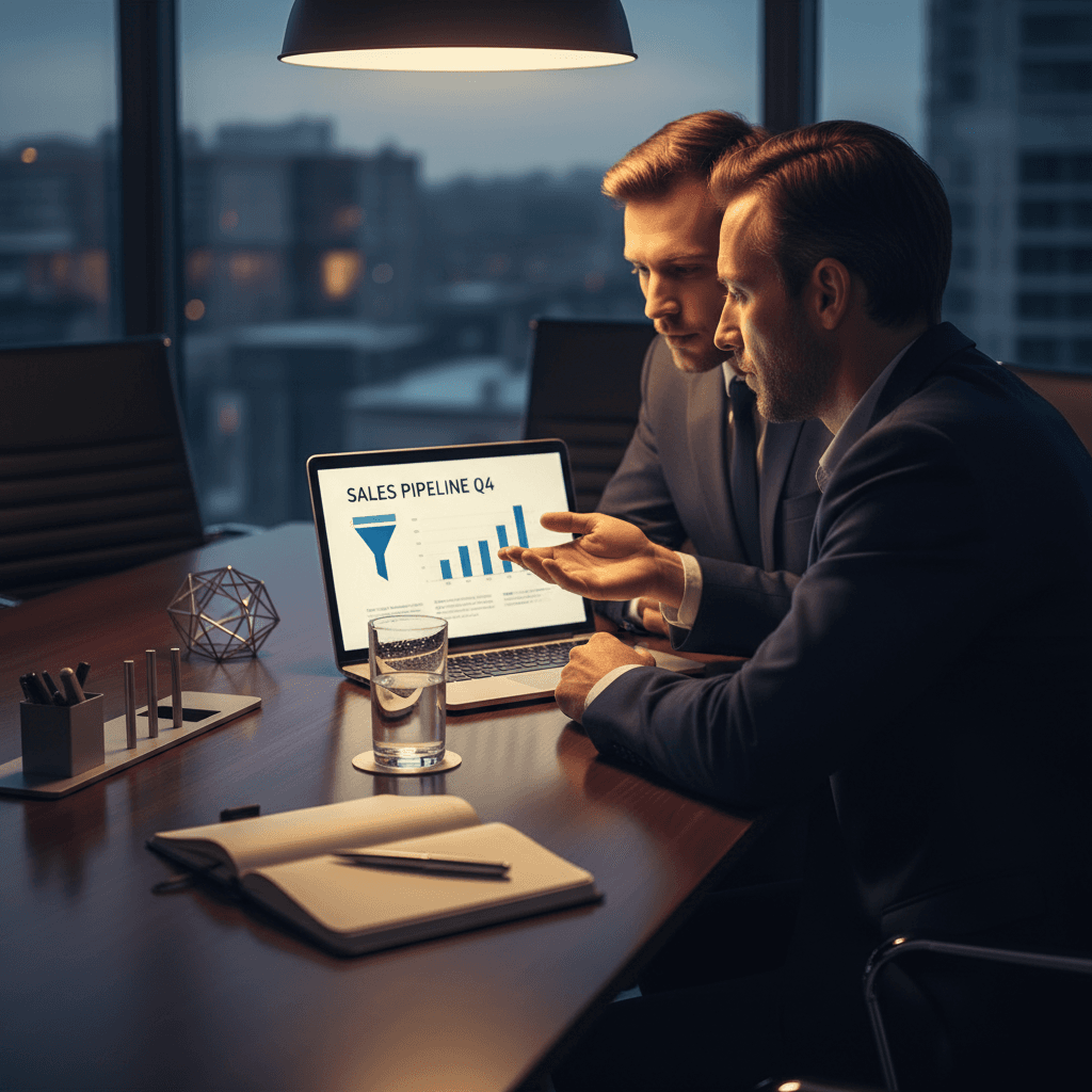 Consultant and business owner discussing sales pipeline data on a laptop screen